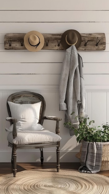 A cozy wooden chair sits in a lightfilled room with natural decor like a woven rug a hat and a potted plant