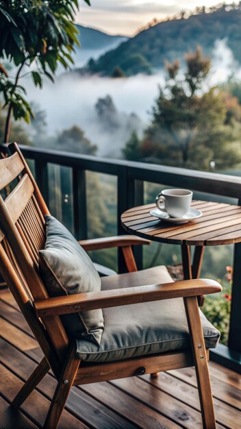 Photo cozy wooden chair with cushion and coffee on a scenic balcony at dawn generative ai