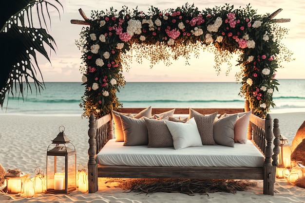 Cozy wooden sofa on the seashore decorated with tropical flowers Romantic vacation by the sea Sunny Beach AI