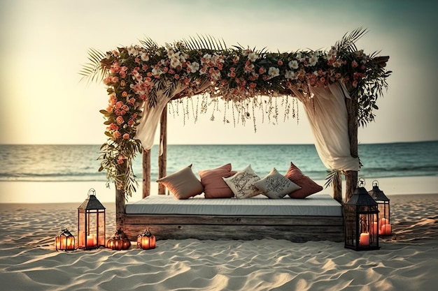 Cozy wooden sofa on the seashore decorated with tropical flowers Romantic vacation by the sea Sunny Beach AI