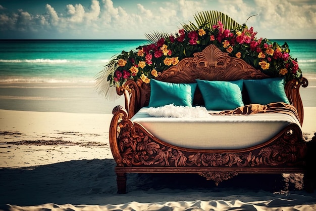 Cozy wooden sofa on the seashore decorated with tropical flowers Romantic vacation by the sea Sunny Beach AI