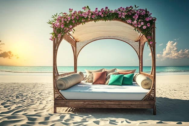 Cozy wooden sofa on the seashore decorated with tropical flowers Romantic vacation by the sea Sunny Beach AI