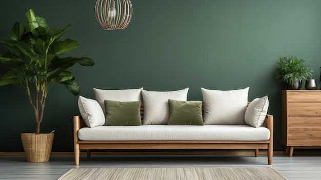 Cozy wooden sofa with white cushions near dark green wall Generative AI