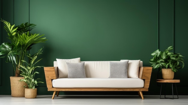 Cozy wooden sofa with white cushions near dark green wall Generative AI