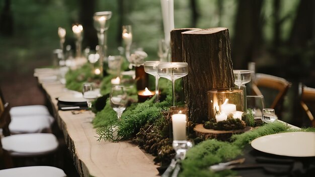 Photo cozy woodland wedding with log centerpieces and moss accents