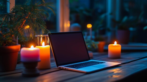 Cozy workspace with candles and laptop in a tranquil indoor garden setting during twilight hours