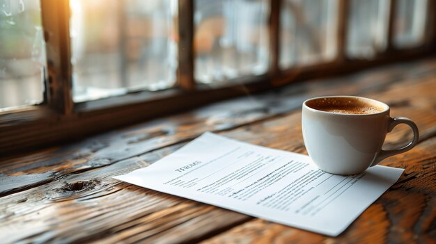 Cozy workspace with coffee cup and document on wooden windowsill warm light and tranquil morning