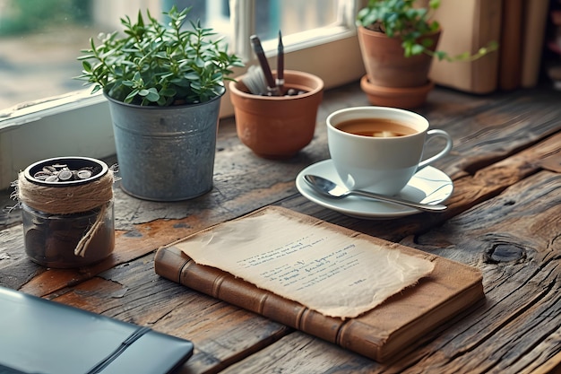 Cozy workspace with coffee plants and vintage book on a wooden table