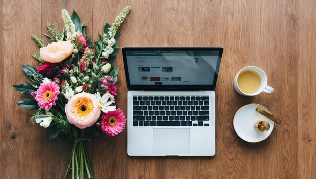 Photo a cozy workspace with a laptop coffee and vibrant flowers