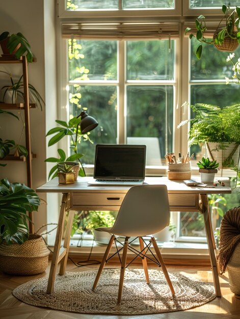 Photo cozy workspace with laptop and flowers by the window