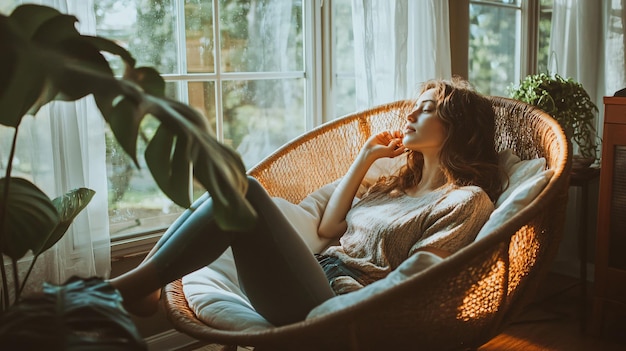 Photo cozy young woman relaxing in papasan chair by window at home