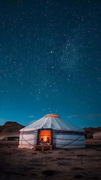 Cozy Yurt Sanctuary Under Starry Desert Night Sky with Ancient Landscape