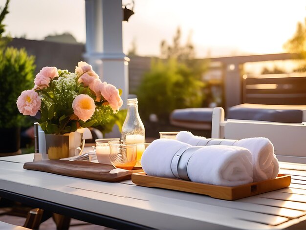 Photo cozycloud towels on chic outdoor dining table with fresh flowers and casual meal