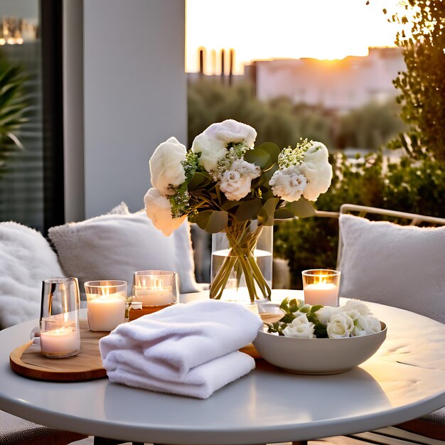 Photo cozycloud towels in chic outdoor setup with stylish dining table and fresh flowers