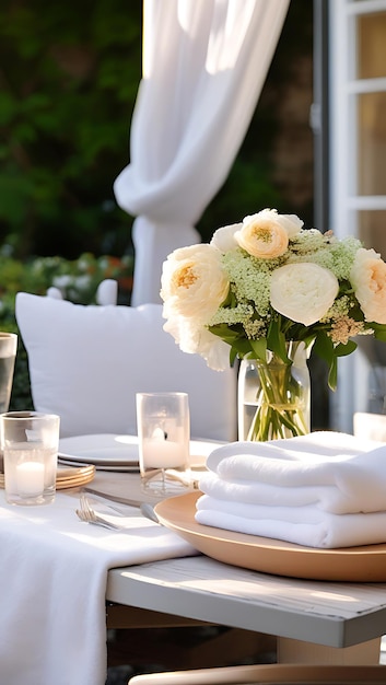 Photo cozycloud towels in chic outdoor setup with stylish dining table and fresh flowers