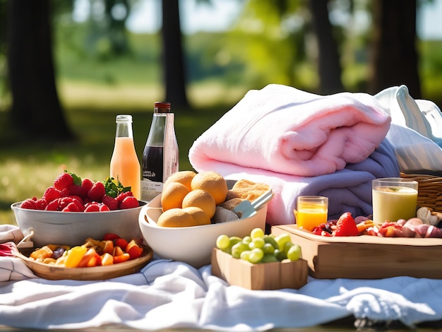 Photo cozycloud towels on stylish outdoor picnic setup with variety of fresh foods