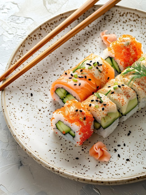 Crab and avocado California Roll sushi with roe on light ceramic plate close up Japanese cuisine