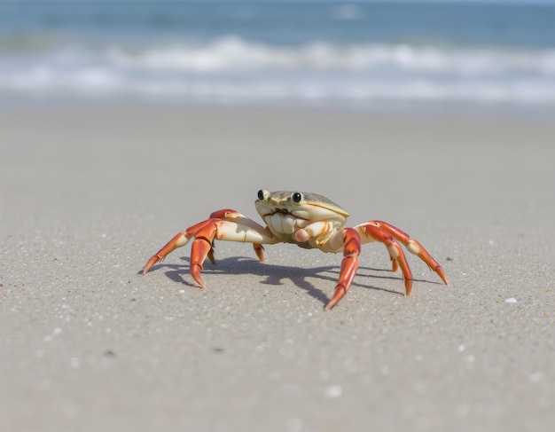 a crab on the beach with the ocean in the background