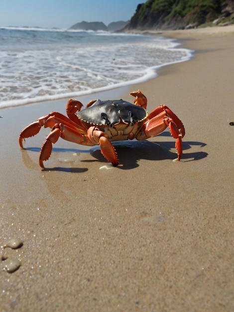 a crab on the beach with the ocean in the background