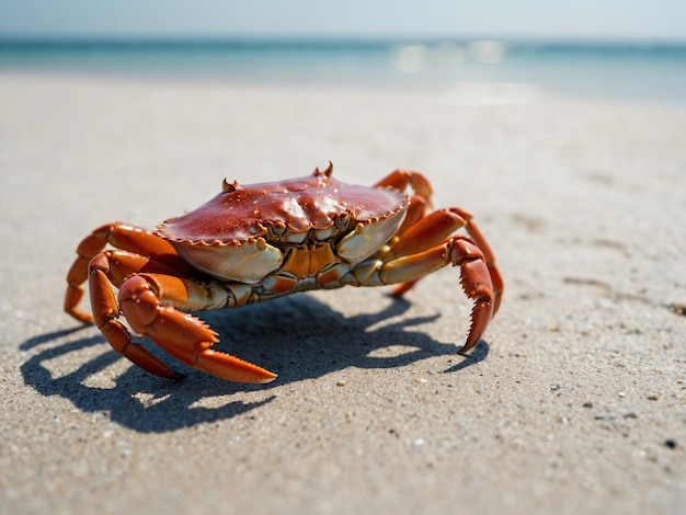 a crab on the beach with the ocean in the background