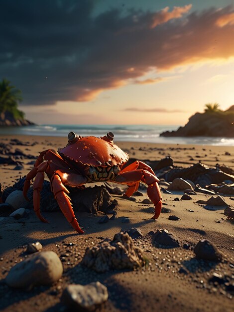 a crab on a beach with rocks and palm trees in the background