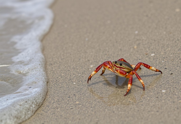 Photo a crab on the beach with the water coming in