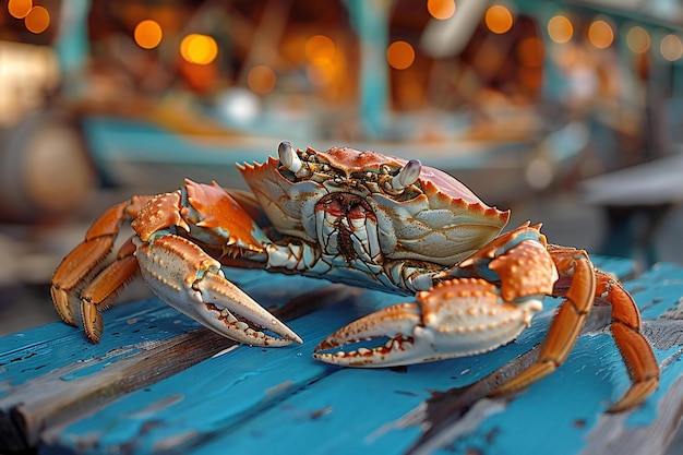 Photo a crab on a blue table with the words  sea crabs  on it