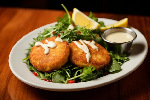 Crab cakes with a side of remoulade sauce and g Seafood Photos 1779jpg