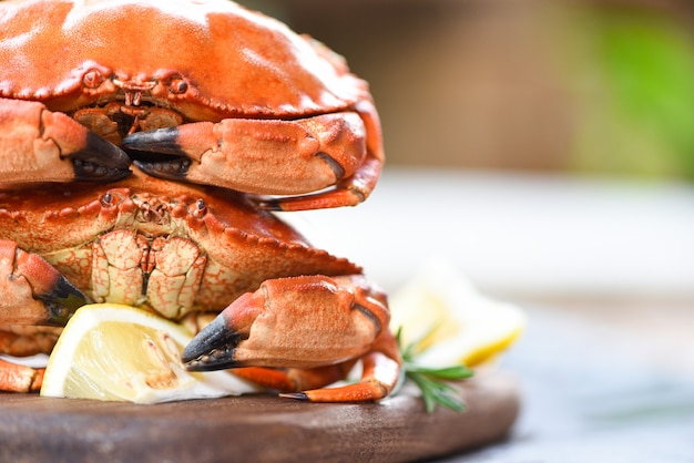 Photo crab cooked steam or boiled with herbs and spices lemon rosemary on wooden board in a restaurant  - fresh seafood stone crab