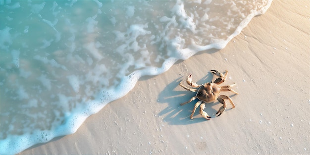 a crab is on the beach and the waves are crashing