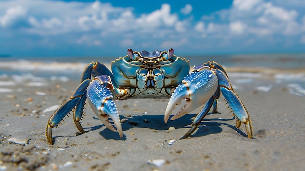 a crab is on the beach with a blue sky in the background