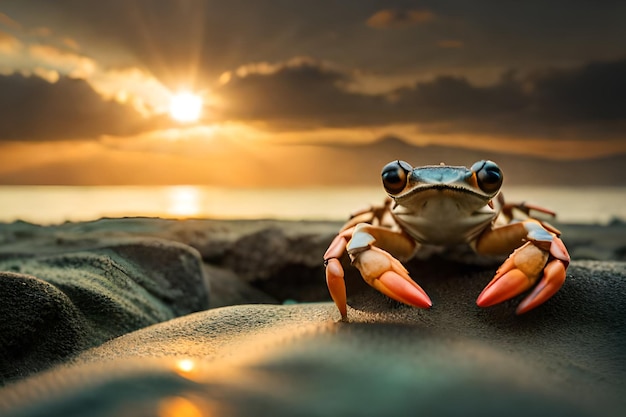 A crab on a rock at sunset with the sun setting behind it