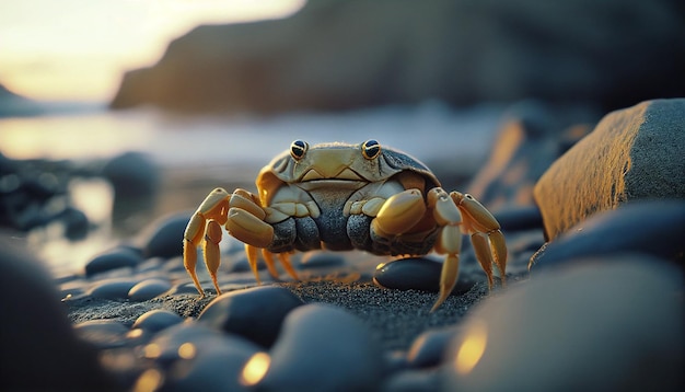 A crab on a rocky beach with the sun setting behind it.