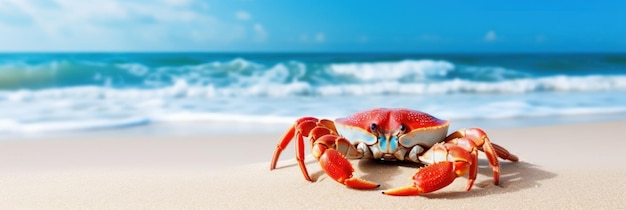 Crab sea marine on tropical sea and sandy beach blue sky background Generative AI