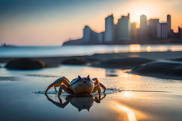 A crab sits on a rock in front of a city skyline.