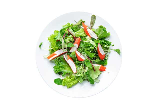 crab stick salad green lettuce leaves mix fresh meal snack on the table copy space food background