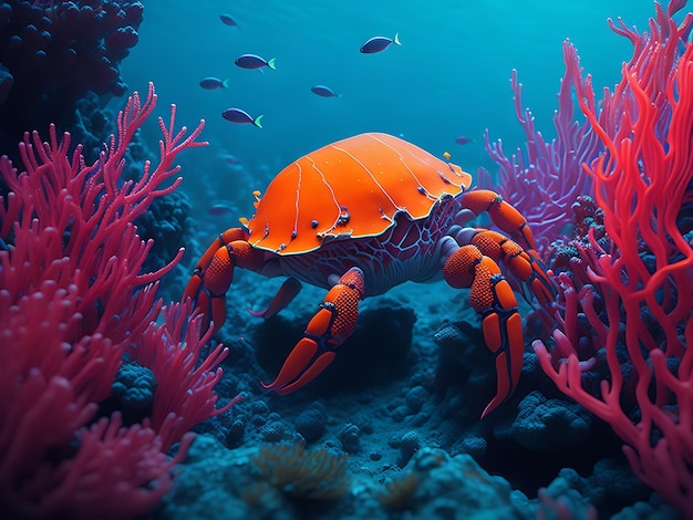 crab swimming underwater ocean among colored coral reefs Ai generation