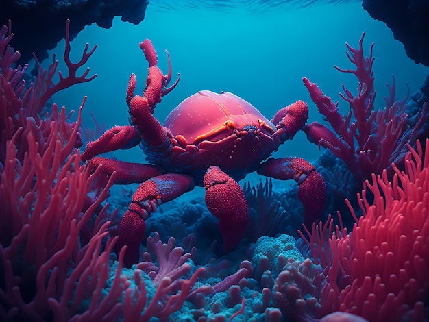 crab swimming underwater ocean among colored coral reefs Ai generation