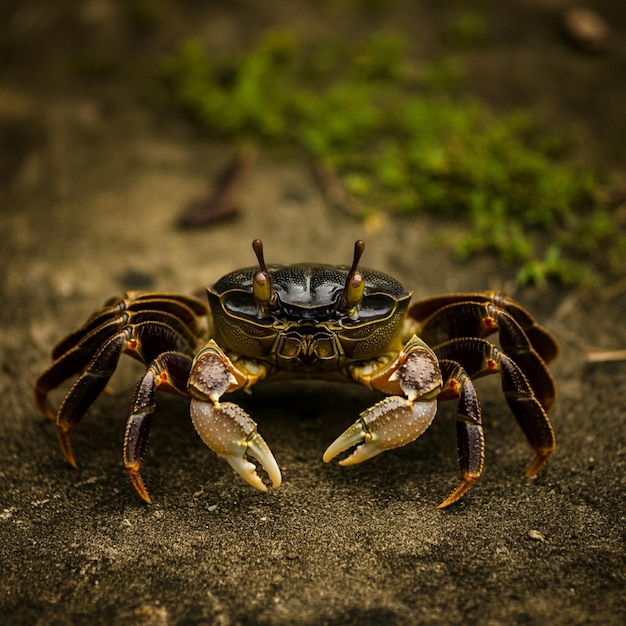 Photo a crab with a black head and yellow claws is on a stone surface