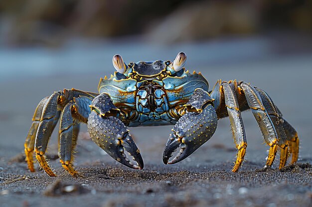 a crab with a blue face and a black band on its head