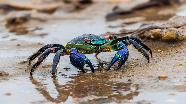 Photo a crab with a blue and green head is walking on a wet surface