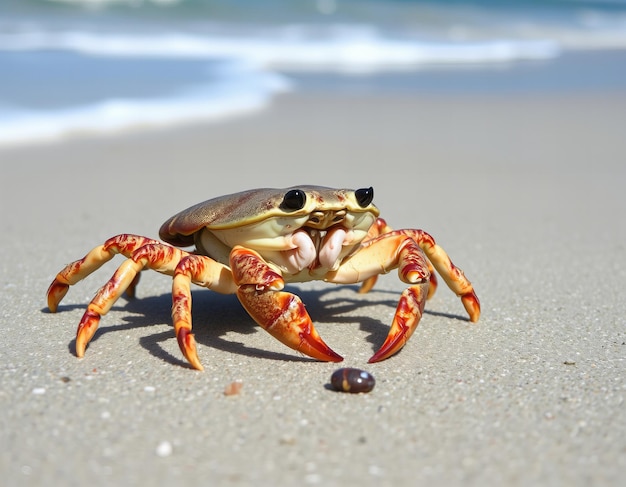 Photo a crab with a crab on the beach and the sea in the background