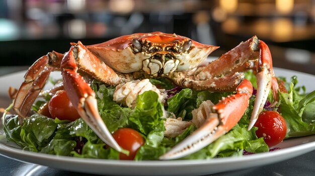 Photo a crab with crab on it sits on a plate with a salad