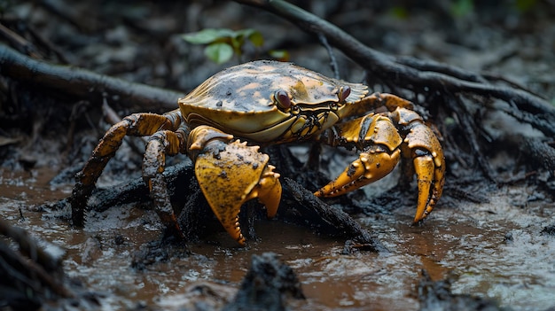 Photo a crab with a crab on its head is in the mud