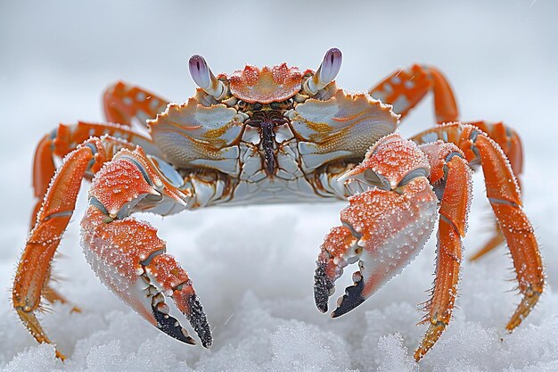 A crab with its claws raised on a white background