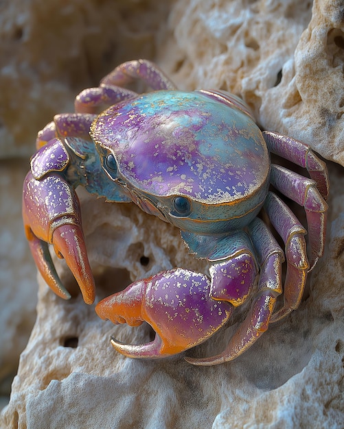 Photo a crab with purple and blue eyes sits on a rock