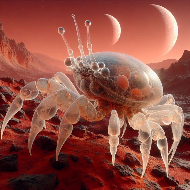 a crab with a red background and the moon in the background