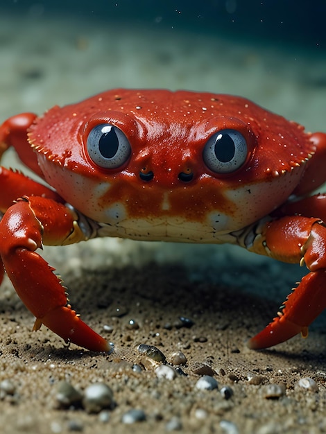 a crab with a red face and eyes and a black eye