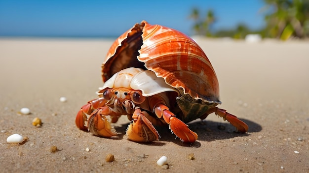 a crab with shell on its head and a shell on the beach