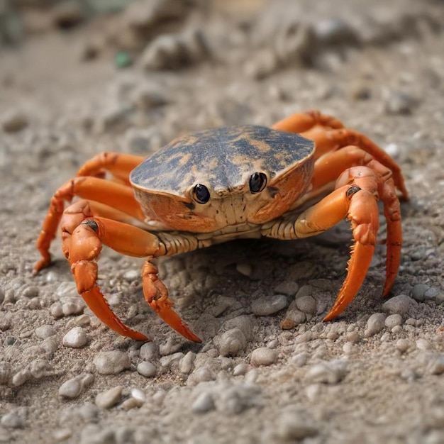 a crab with a shell on its head sits on a gravel surface